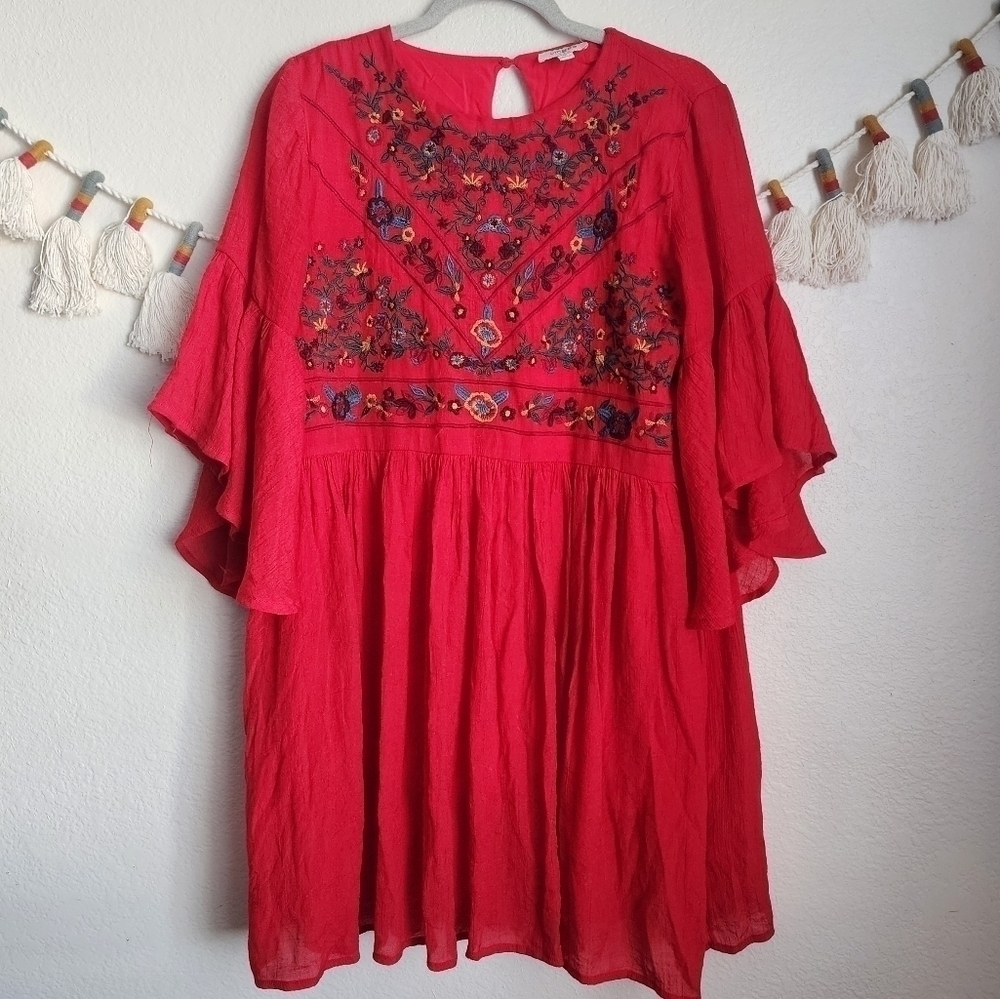Umgee Red Embroidered Flutter Sleeve Flowy Gauzy Mini Dress Boho Festive M